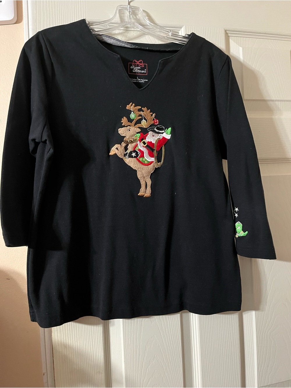 Allyson Whitmore Black Long Sleeve Top with Embroidered Reindeer